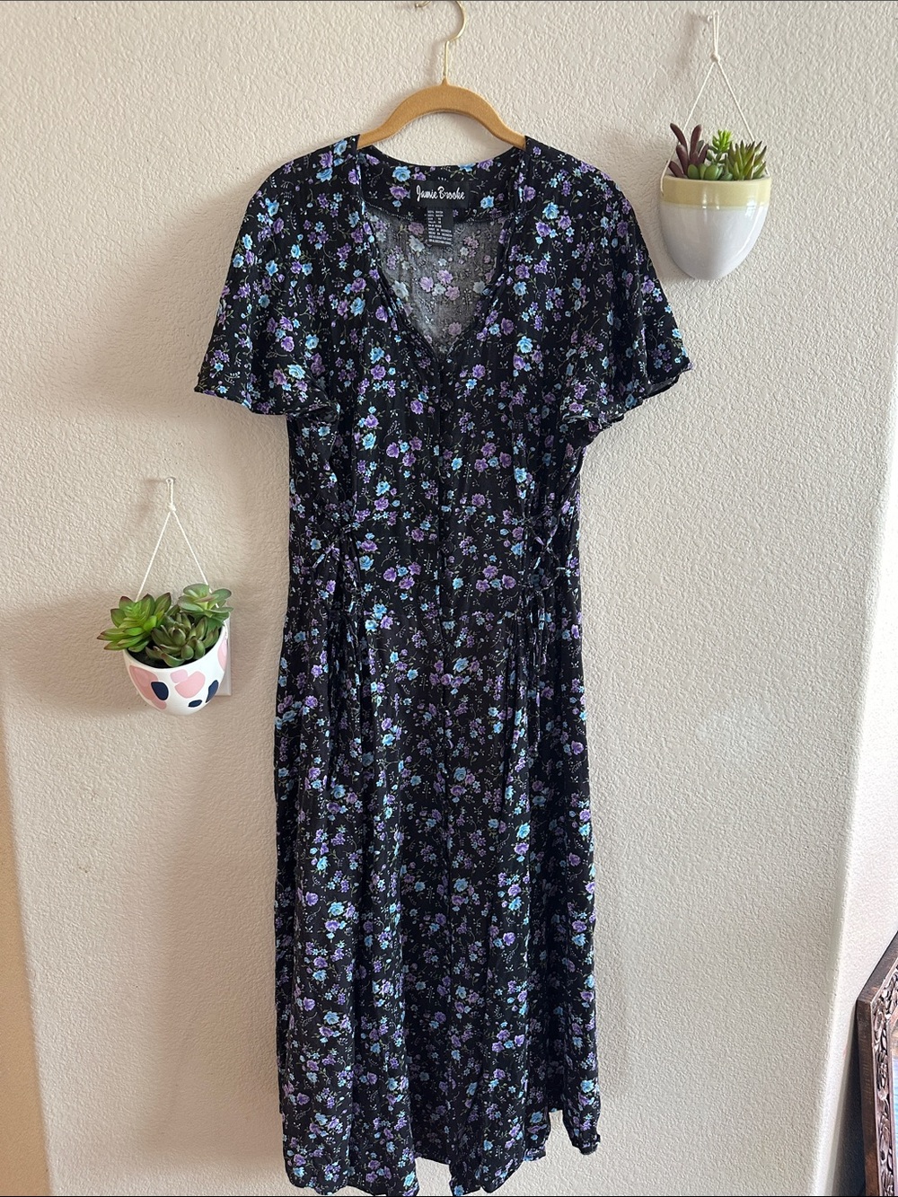 Vintage 90s Floral Flutter Sleeve Tie Waist Midi Rayon Dress 14 XL Large